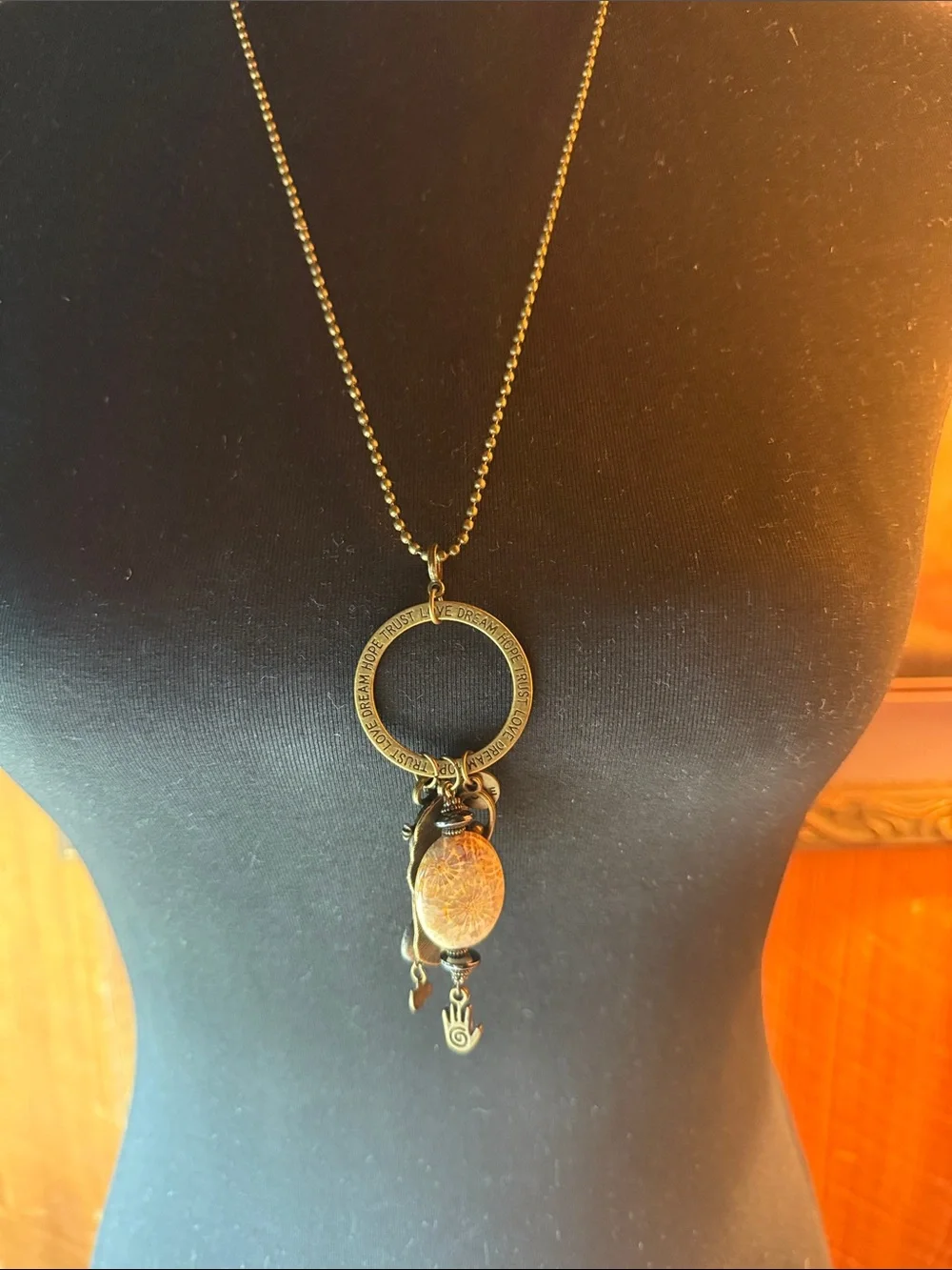 Vintage Brass Feather & Stone Pendant Necklace - Taupe